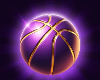 Paarse basketbal met gouden naden boven een paarse lichtstraal