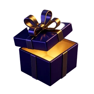 Paars cadeaupakket met gouden lint, geopend met licht van binnen