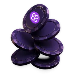 Stapel paarse casinofiches met het Coin Casino-logo op de bovenste fiche