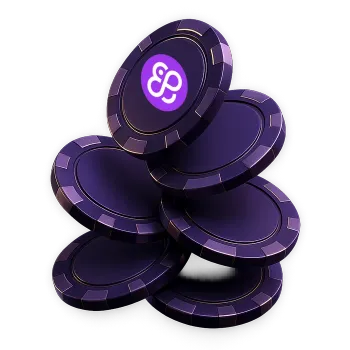 Stapel paarse casinofiches met het Coin Casino-logo op de bovenste fiche