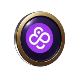Glanzende paarse munt met gouden rand en het Coin Casino-logo op de voorkant