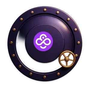 Paarse kluisdeur met gouden bouten en het Coin Casino-logo op het middenpaneel