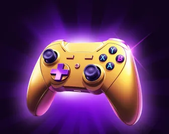 Gouden gamecontroller met paarse knoppen