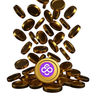 Vallende gouden munten met het Coin Casino-logo op de voorste munt