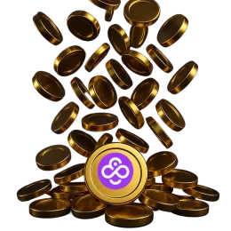 Vallende gouden munten met het Coin Casino-logo op de voorste munt