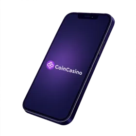 Paarse smartphone met het Coin Casino-logo op het scherm