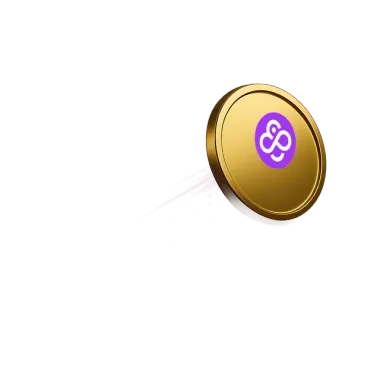 Gouden munt met het Coin Casino-logo die met een violet lichtspoor door het beeld schiet
