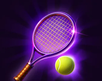 Tennisracket met gele bal in paars en goud