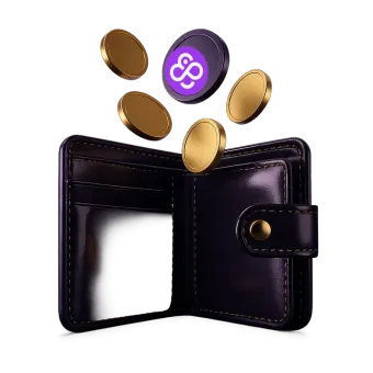 Open paarse portemonnee waaruit gouden munten en een fiche met het Coin Casino-logo omhoogkomen
